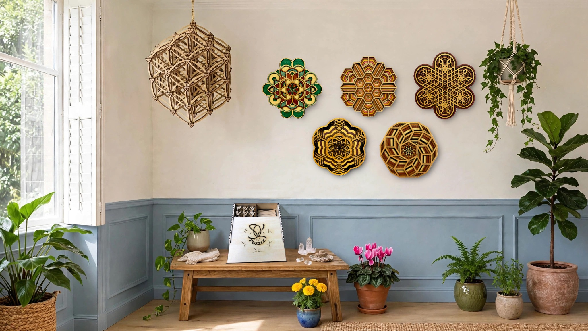 A room with the SOL Puzzle wood sculpture hanging from the ceiling above a wall of layered wood mandalas and a wooden bench