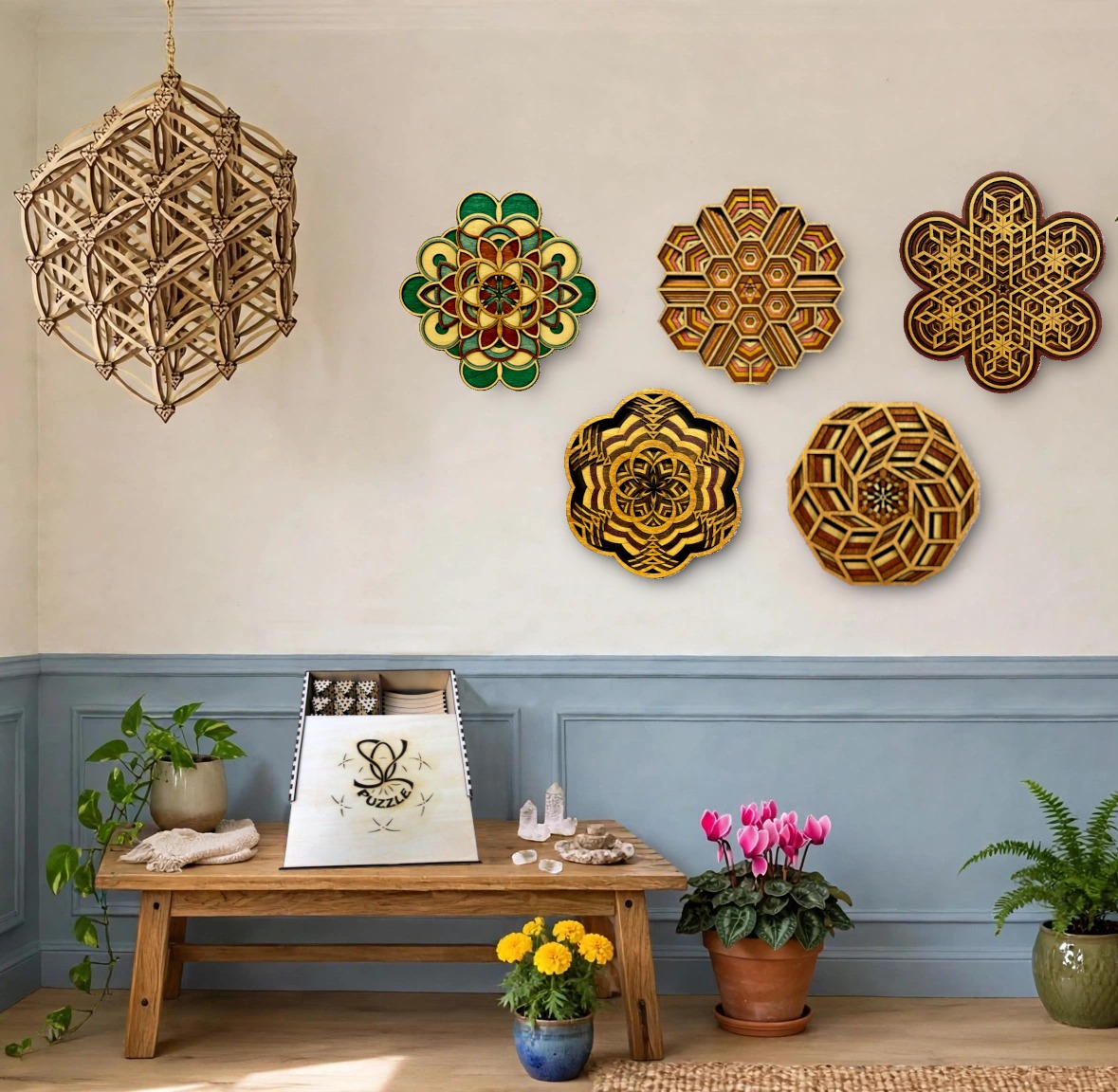 A room with the SOL Puzzle wood sculpture hanging from the ceiling above a wall of layered wood mandalas and a wooden bench