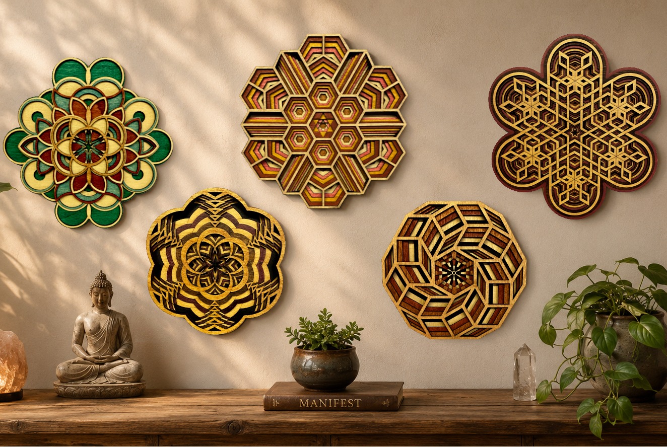 Five layered wood mandala sculptures arranged on a wall above a shelf with plants and a stone Buddha statue