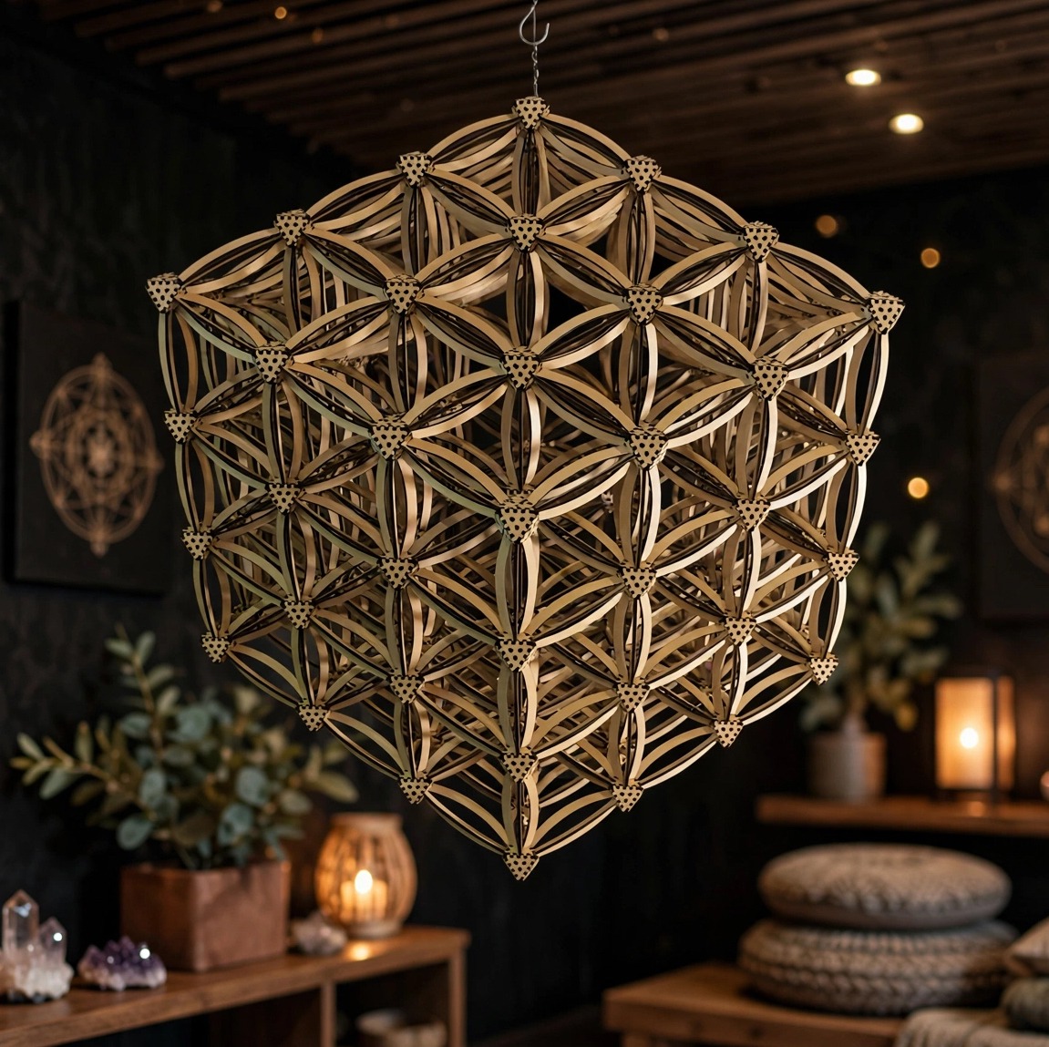 The Flower of Life SOL Puzzle sculpture hanging in a dark room surrounded by sacred geometry wall art and candlelight